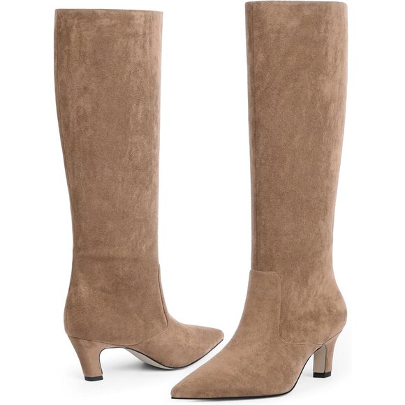 Women's Tan Suede Pointed Toe Kitten Low Heel Faux Leather Fall Long Boots - Picture 5 of 8